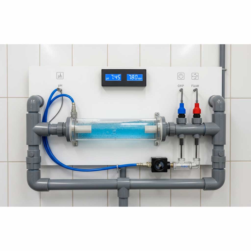 Wasseraufbereitungssystem mit transparentem Behälter, Digitalanzeige und PVC-Sanitärkomponenten.