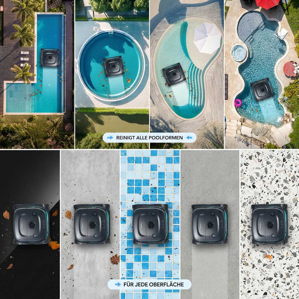 Roboter-Poolreiniger, der in verschiedenen Poolformen und auf verschiedenen Pooloberflächen arbeitet.