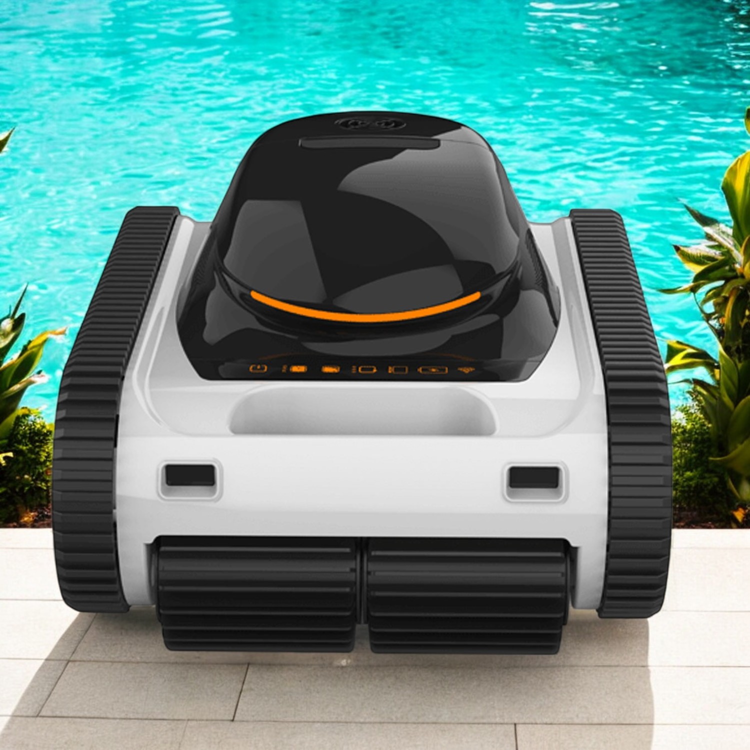 Der Poolreiniger-Roboter verfügt über ein weißes Gehäuse mit einer glänzend schwarzen Oberseite und schwarzen Trittflächen.